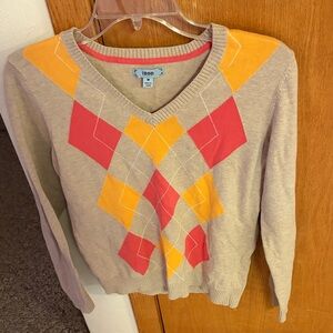 IZOD Women's V-Neck Argyle Sweater - Beige, Red, Yellow